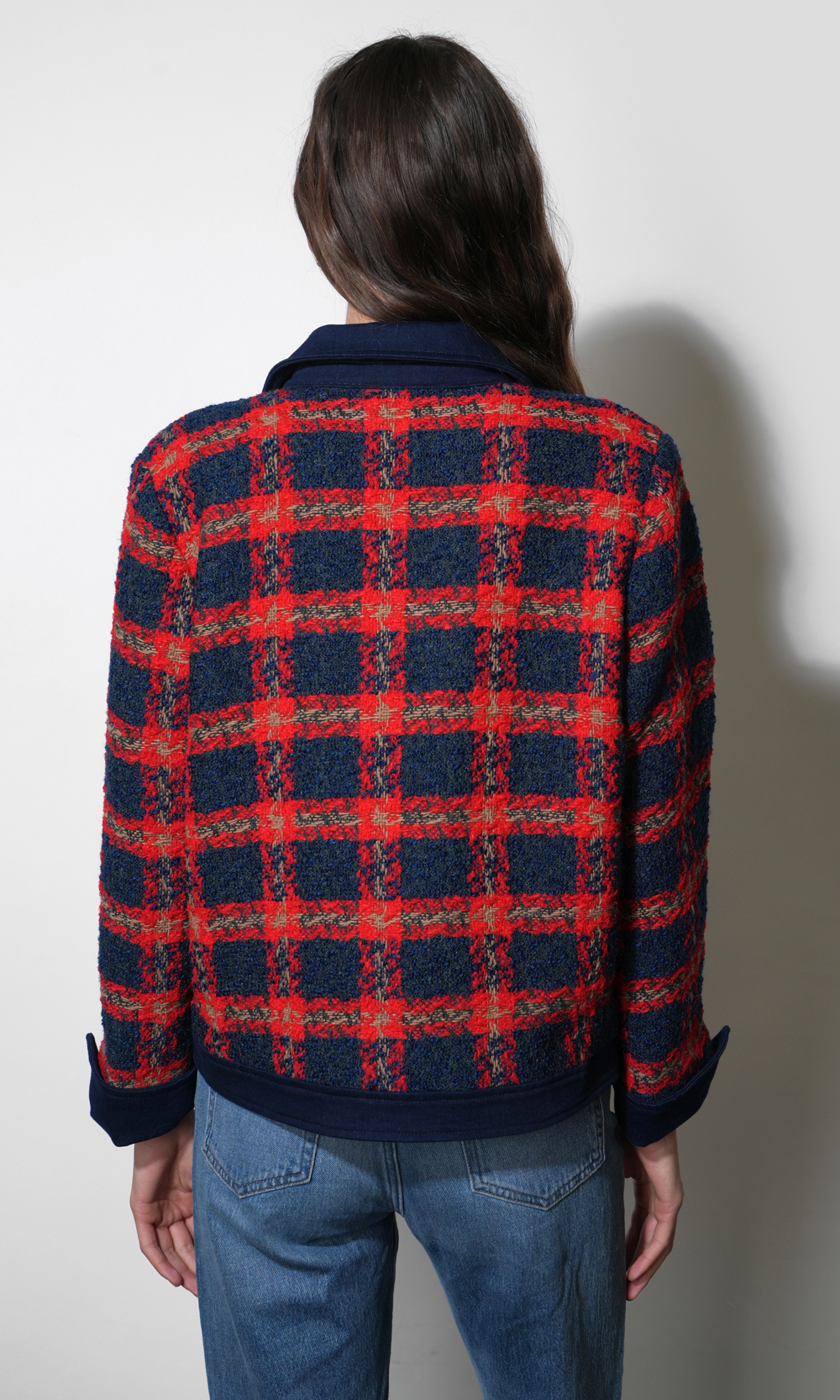 Greylin Morgan Tweed Jacket With Denim Detail - Red/Denim-Hand In Pocket