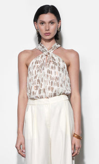 Greylin Cameron Halter Top - Ivory Combo-Hand In Pocket