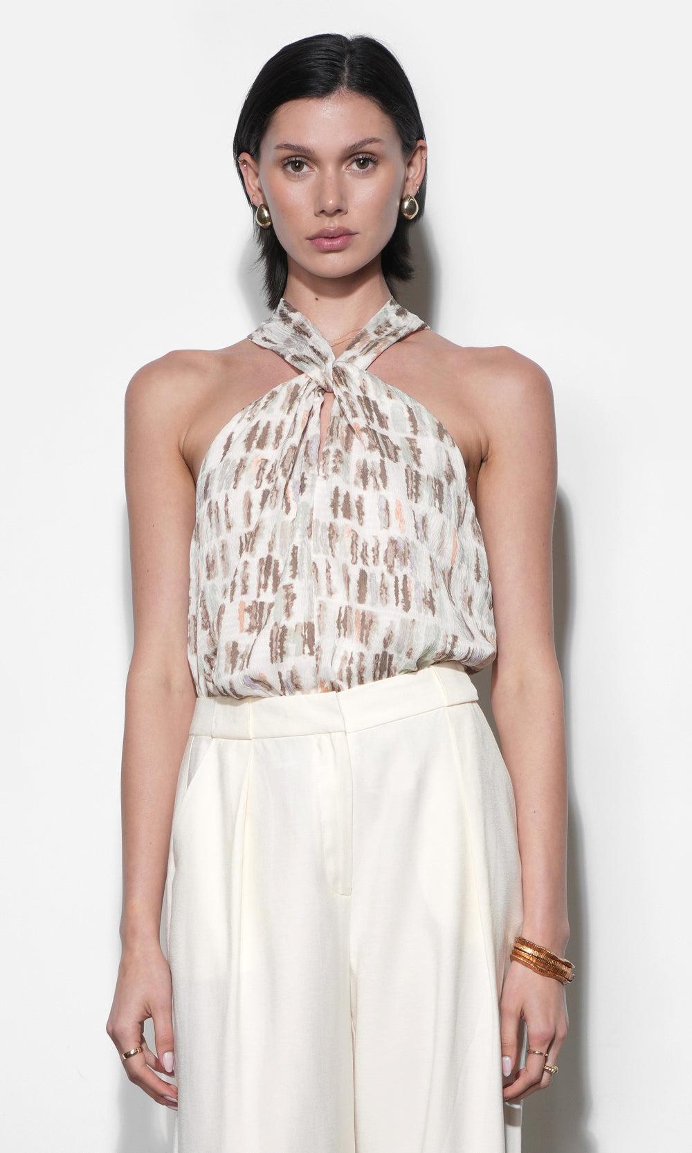 Greylin Cameron Halter Top - Ivory Combo-Hand In Pocket