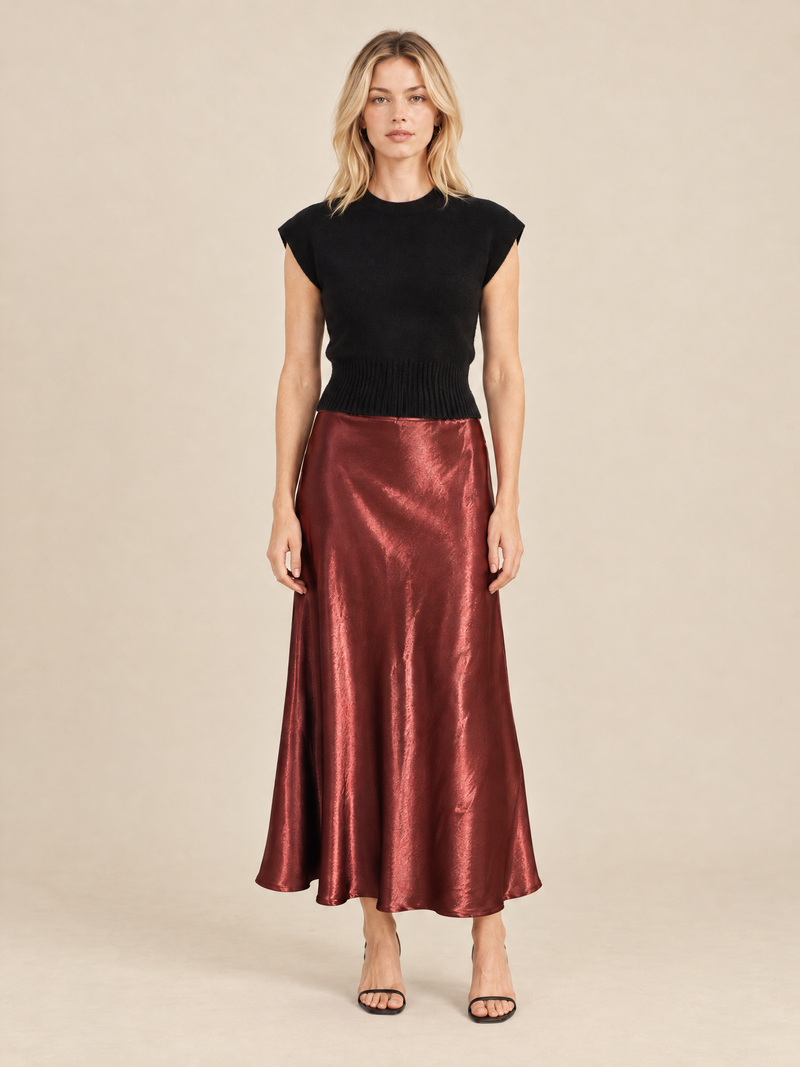 THML Zinnia Satin Skirt - Burgundy-Hand In Pocket