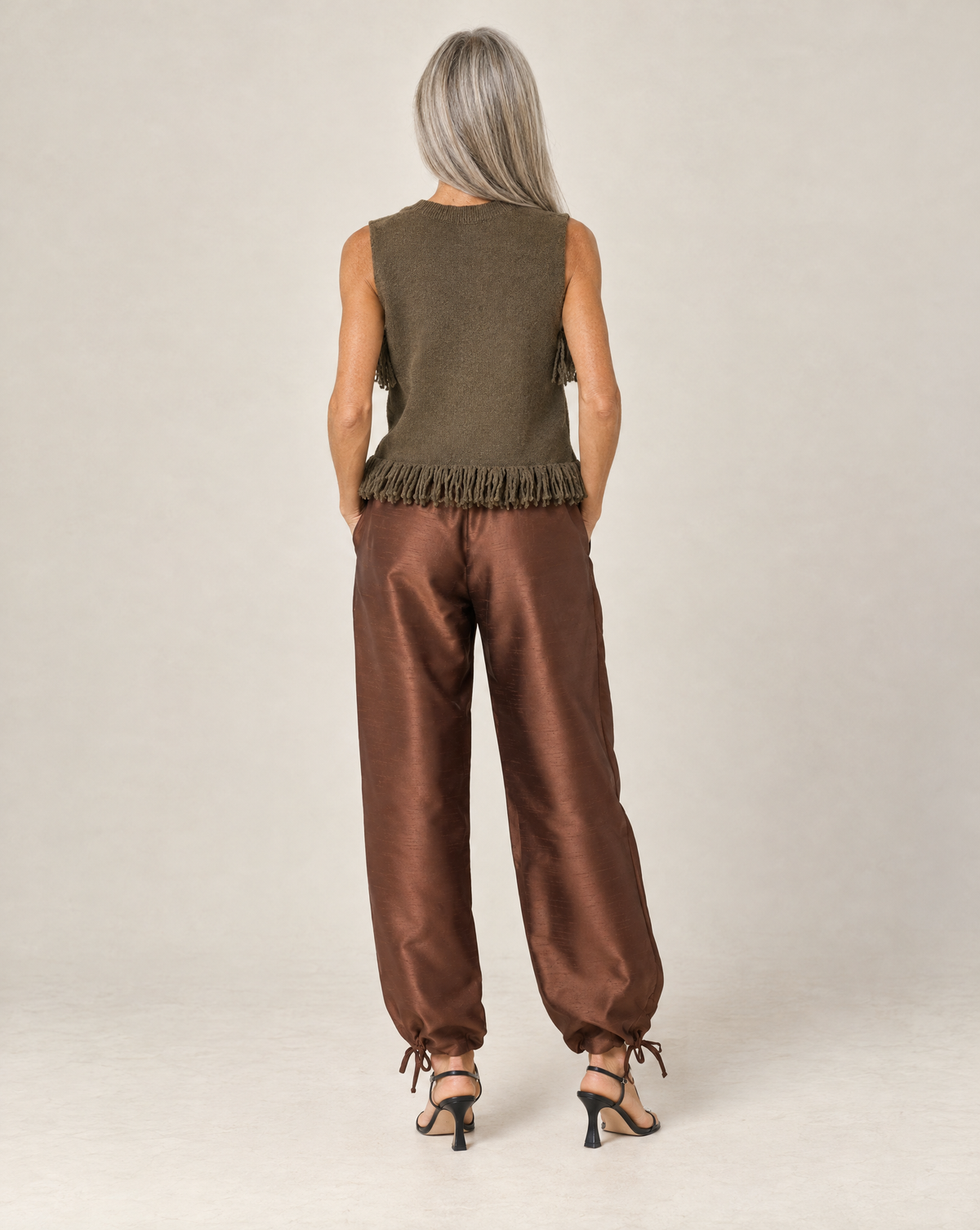 The Kylie Pants Tafetta Drawstring Pants - Brown-Hand In Pocket