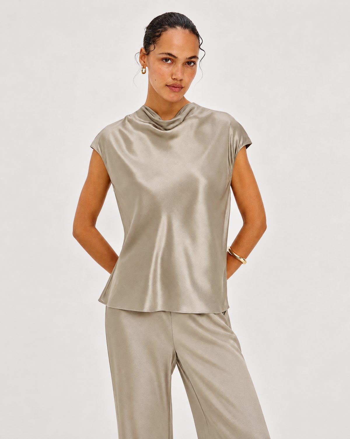 Rails Loretta Satin Cowl Neck Top - Mink-Hand In Pocket
