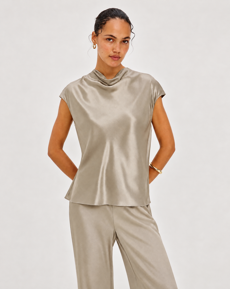 Rails Loretta Satin Cowl Neck Top - Mink-Hand In Pocket