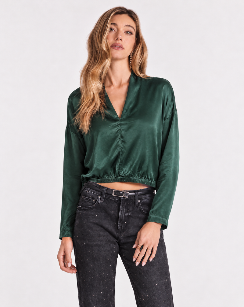 Bobi L/S Bubble Hem Top - Mossy Green-Hand In Pocket