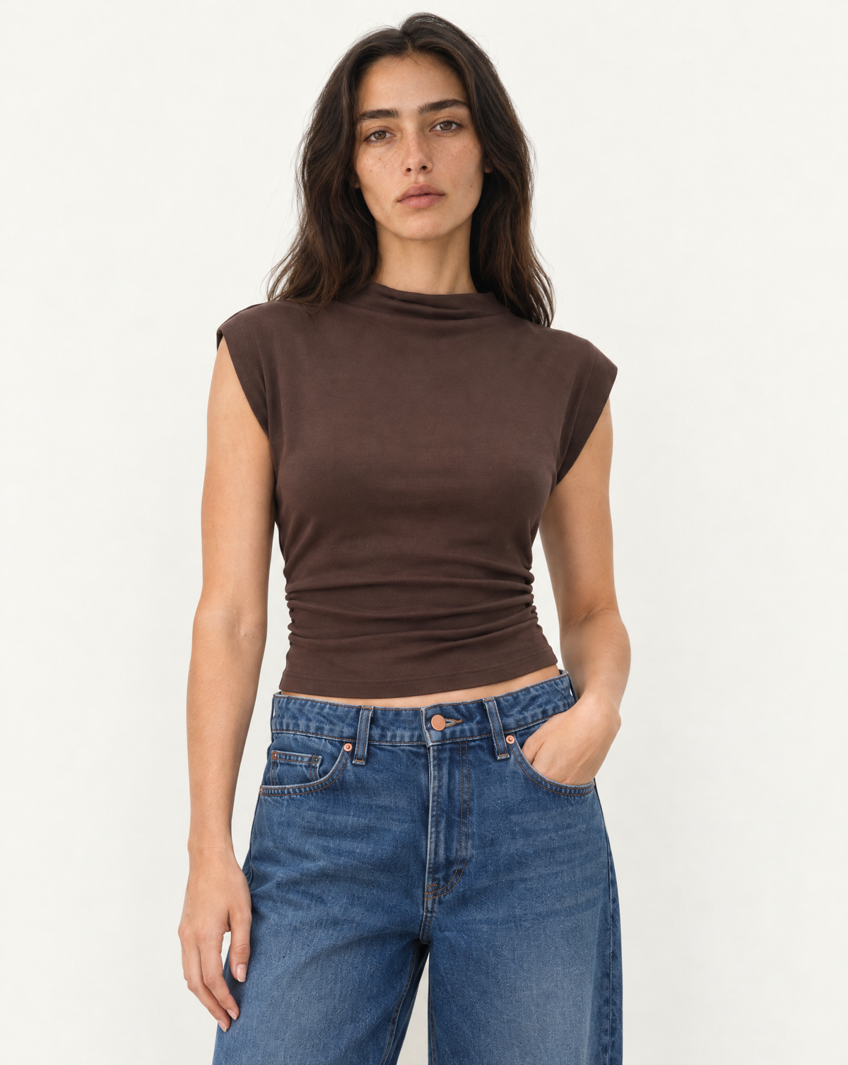 Michael Stars Amara Mock Neck Top - Java-Hand In Pocket