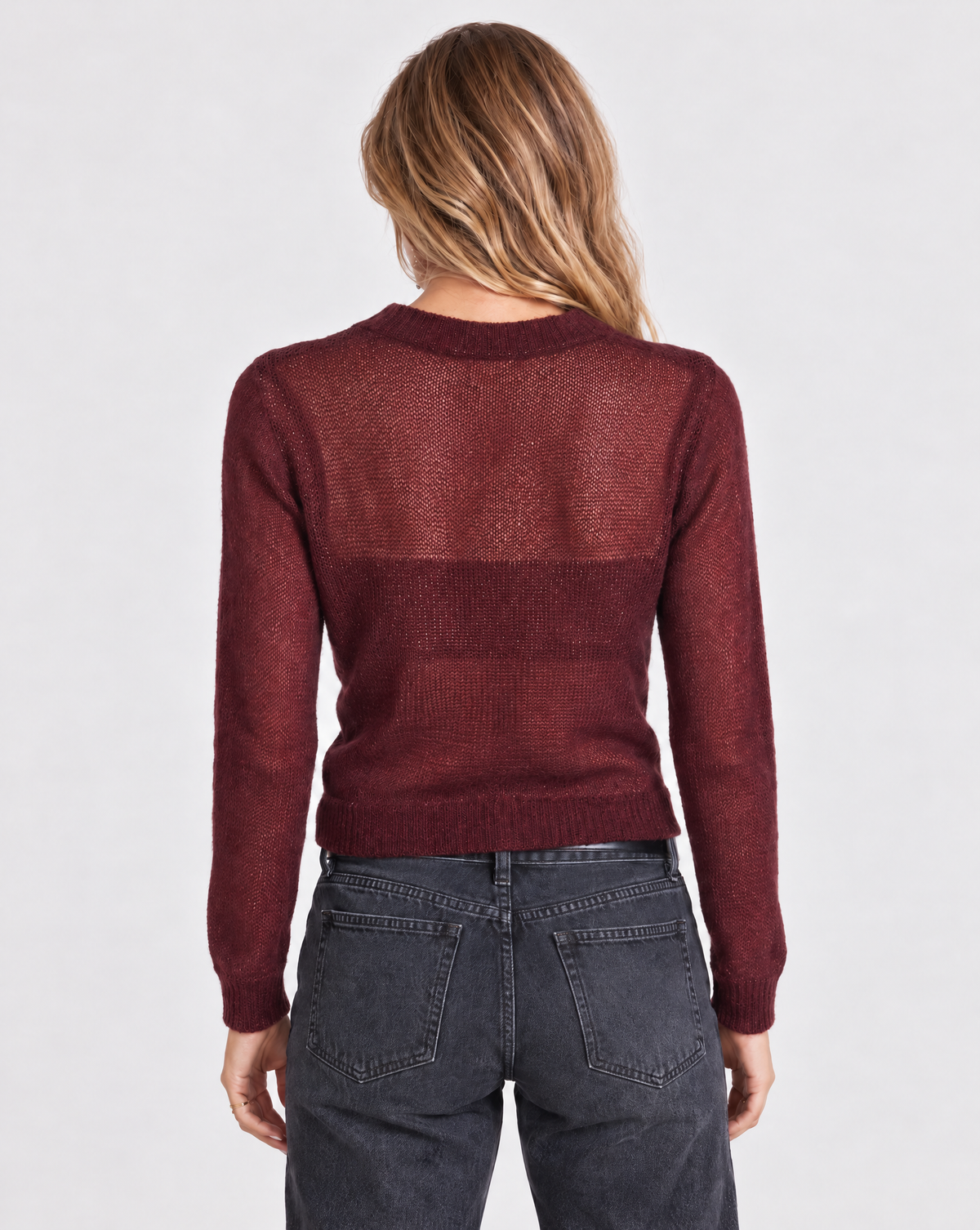 Bobi Sheer Blocked L/S Crew - Burgandy-Hand In Pocket