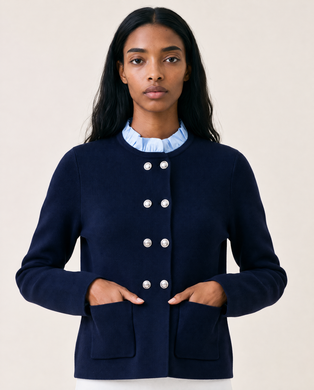 THML Harlow Cardigan - Navy-Hand In Pocket