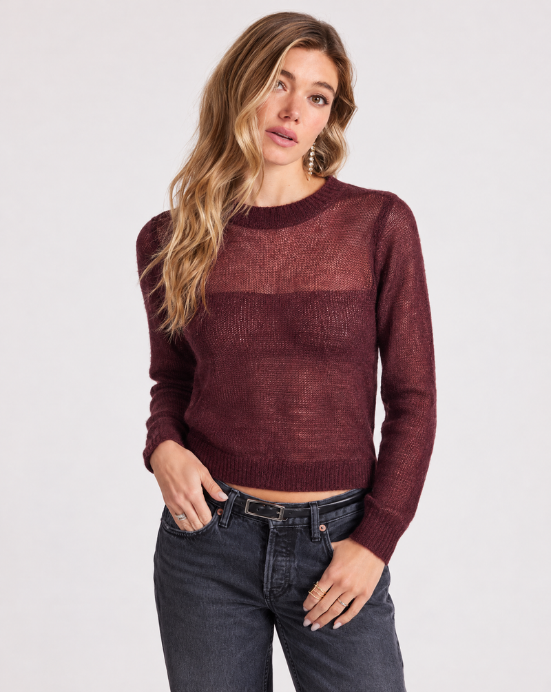 Bobi Sheer Blocked L/S Crew - Burgandy-Hand In Pocket