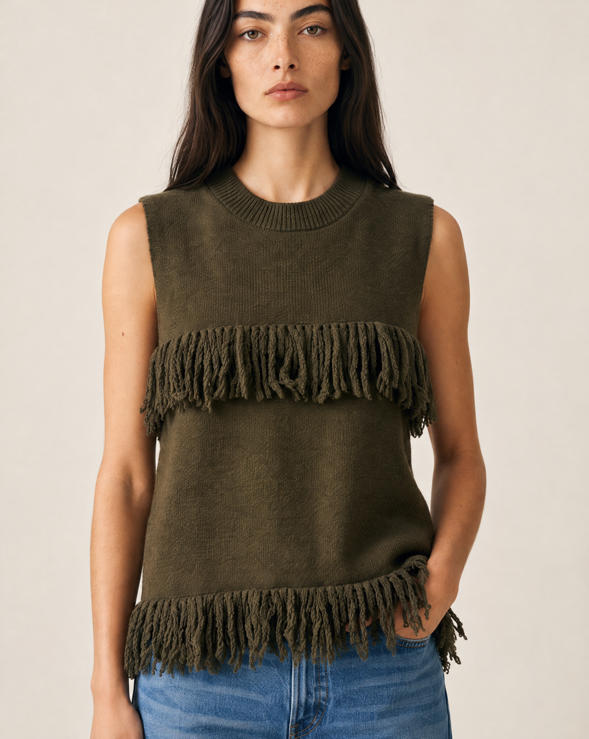 THML Fiona Fringe Knit Top - Vine-Hand In Pocket