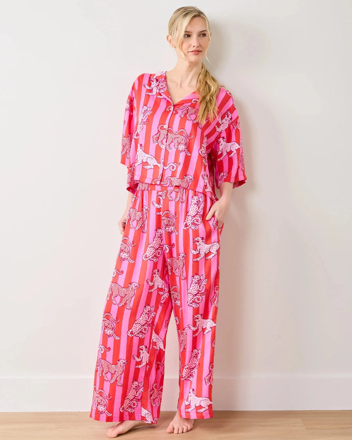 Print Fresh Leopard Stripes Satin Set- Pink-Hand In Pocket
