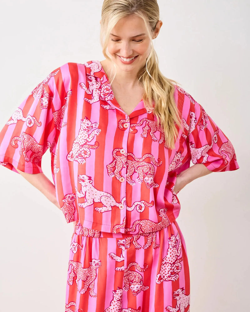 Print Fresh Leopard Stripes Satin Set- Pink-Hand In Pocket