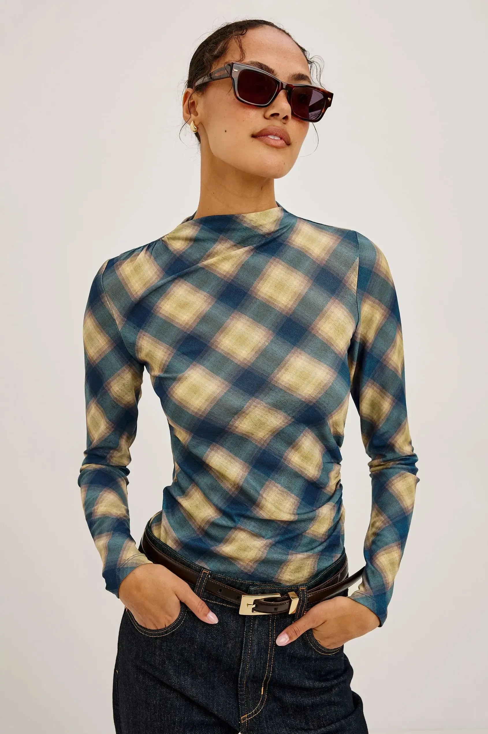 Rails Joelle Top - Navy Sage Plaid-Hand In Pocket