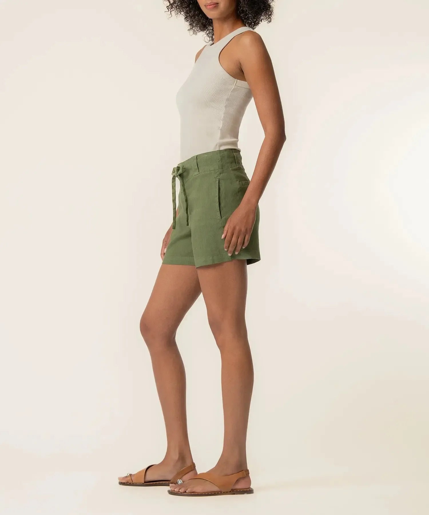 KUT Katie High Rise Drawstring Short - Dill-Hand In Pocket