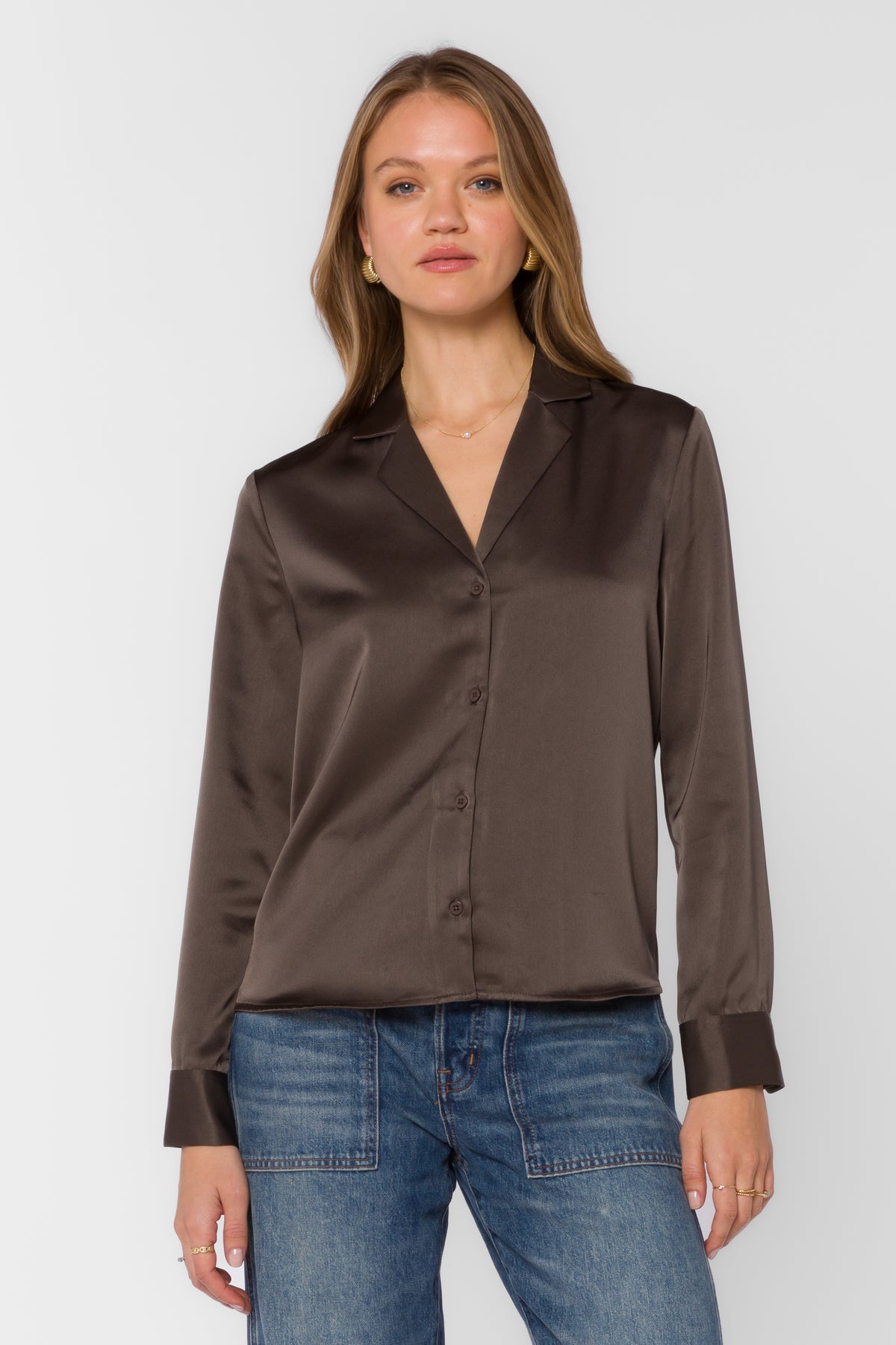 Velvet Heart Kensley Satin Finish Shirt - Bronze Olive-Hand In Pocket