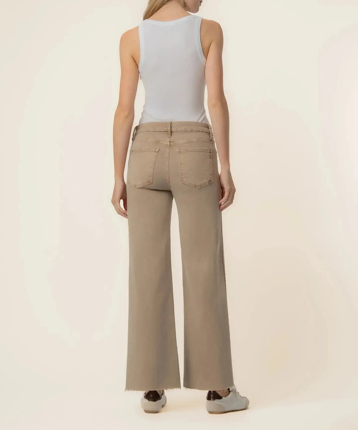 KUT Meg High Rise Fab AB Wide Leg Raw Hem Denim - Chai-Hand In Pocket