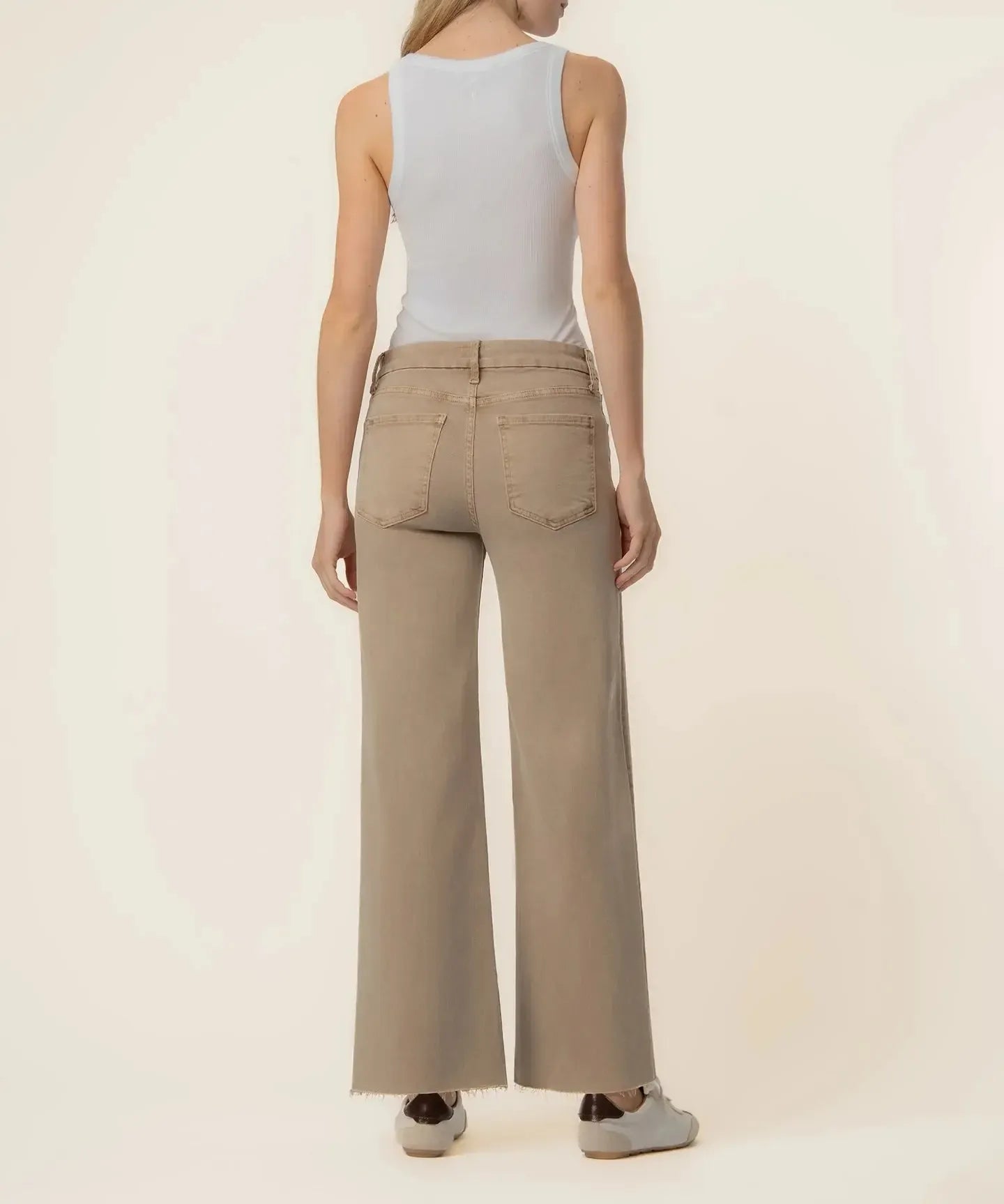 KUT Meg High Rise Fab AB Wide Leg Raw Hem Denim - Chai-Hand In Pocket