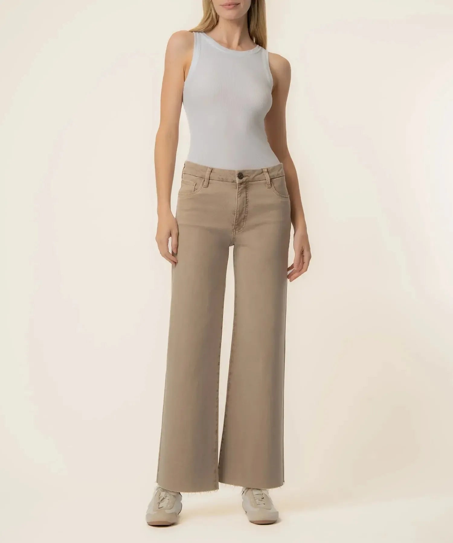 KUT Meg High Rise Fab AB Wide Leg Raw Hem Denim - Chai-Hand In Pocket