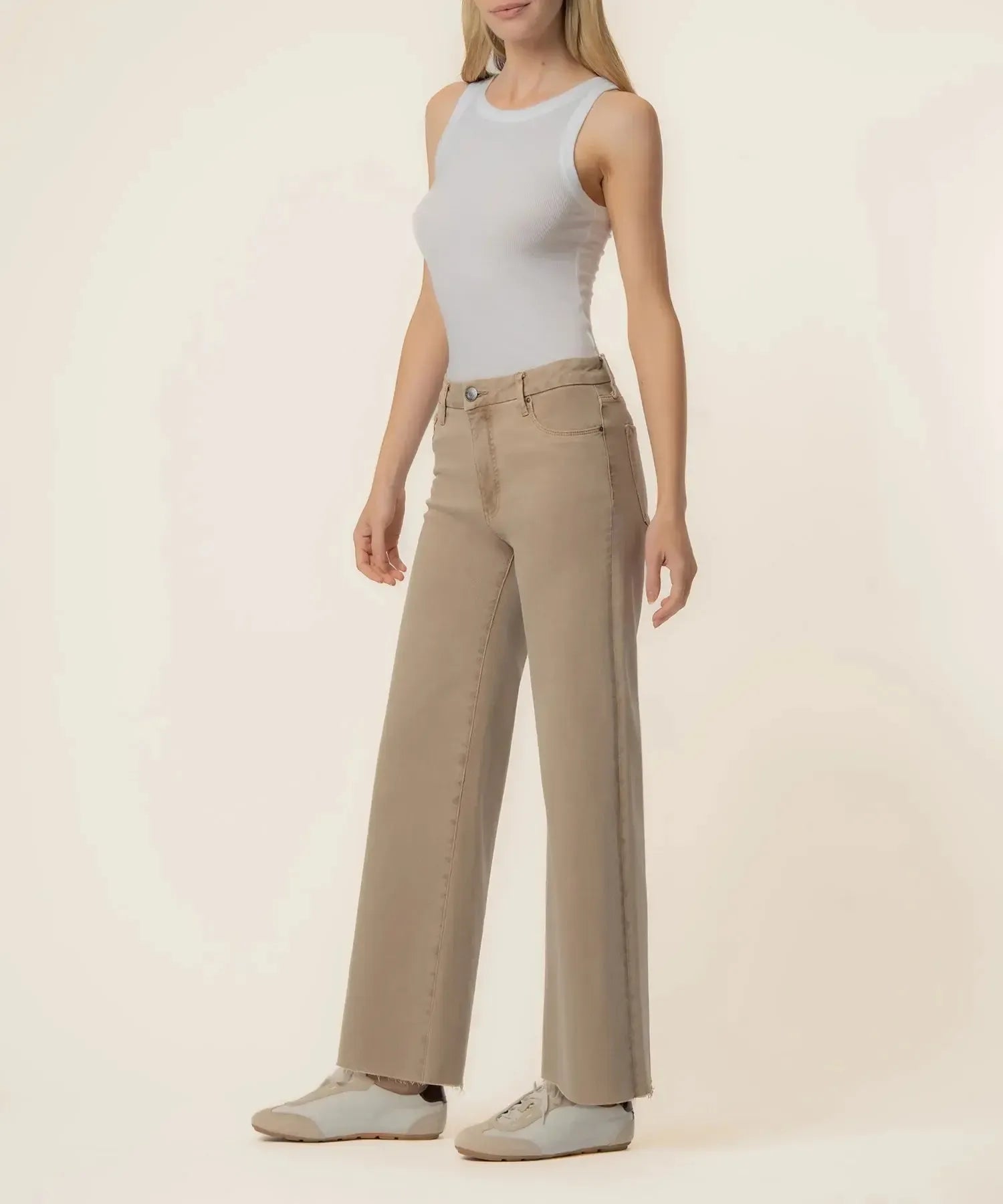 KUT Meg High Rise Fab AB Wide Leg Raw Hem Denim - Chai-Hand In Pocket