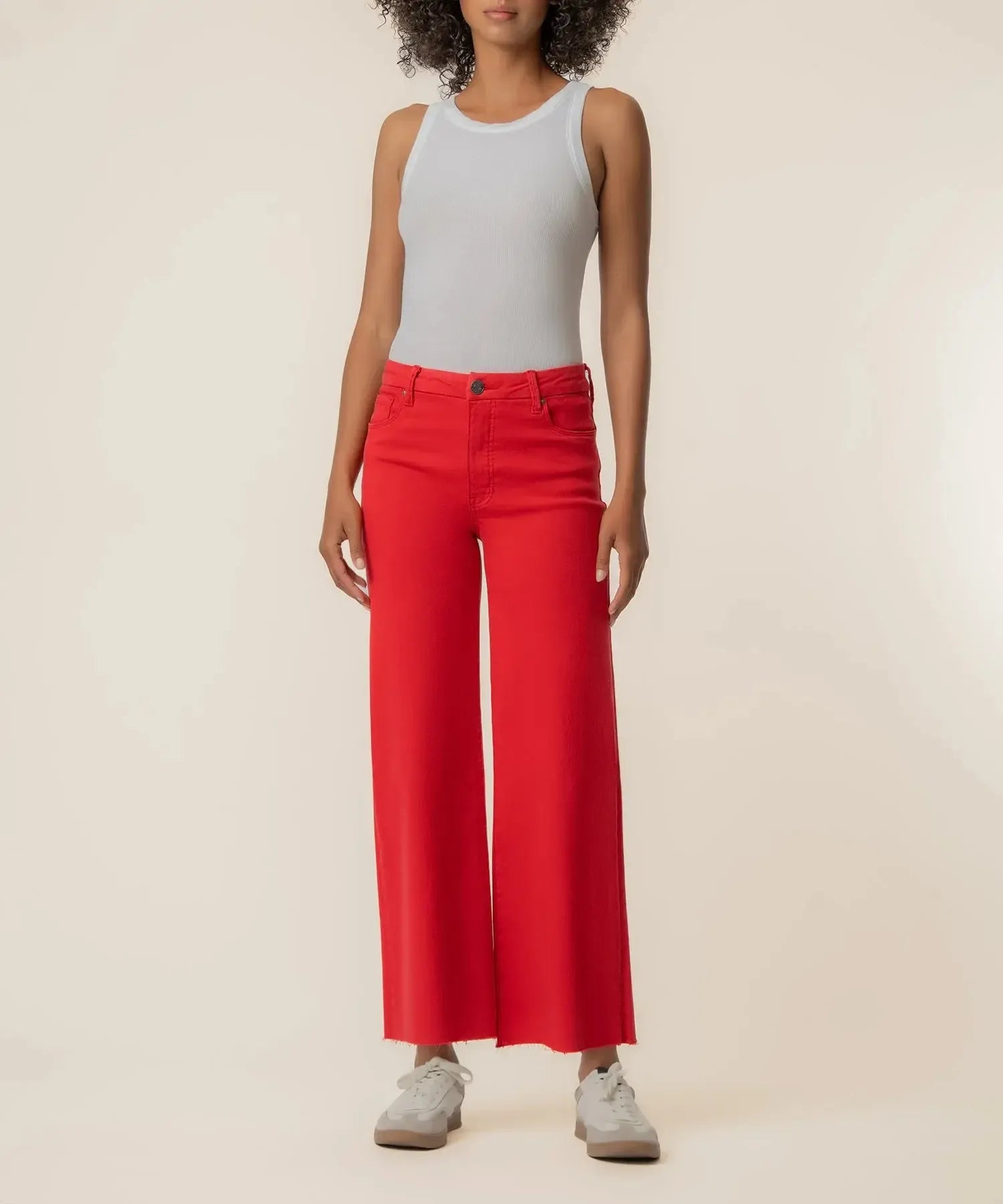KUT Meg High Rise Wide Leg Raw Hem - Tomato-Hand In Pocket