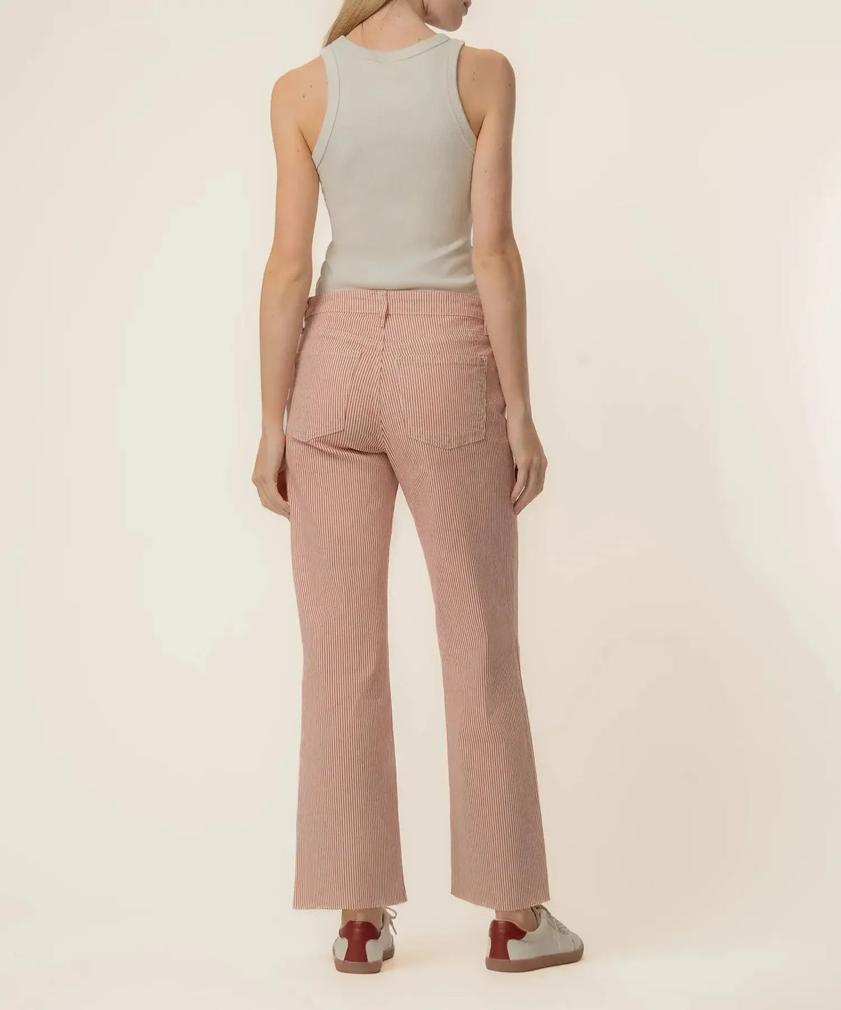 KUT Charlotte High Rise Wide Leg With Raw Hem Denim - Red/Ivory-Hand In Pocket