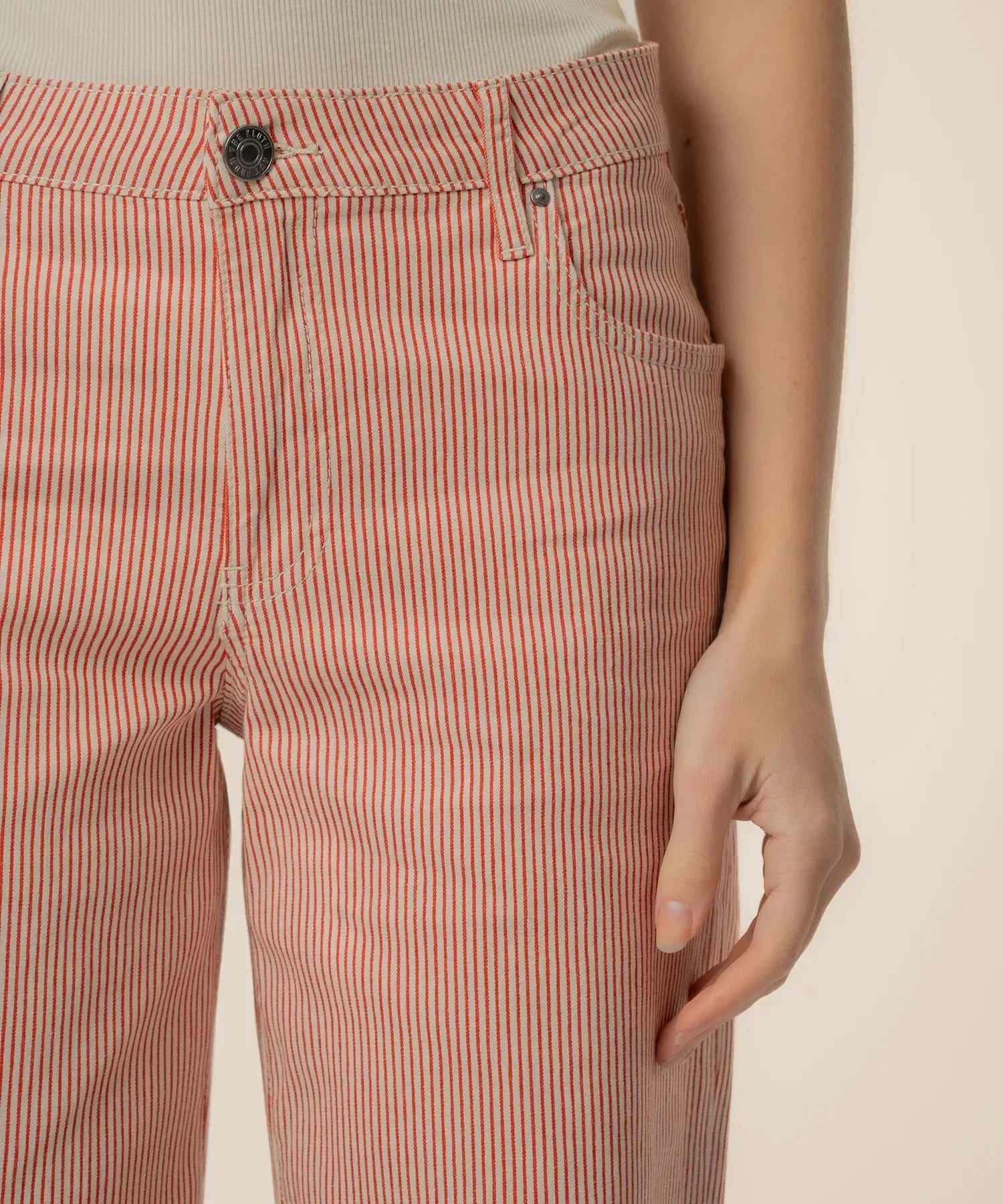 KUT Charlotte High Rise Wide Leg With Raw Hem Denim - Red/Ivory-Hand In Pocket
