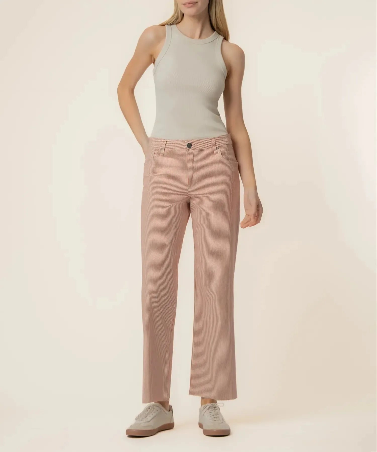 KUT Charlotte High Rise Wide Leg With Raw Hem Denim - Red/Ivory-Hand In Pocket