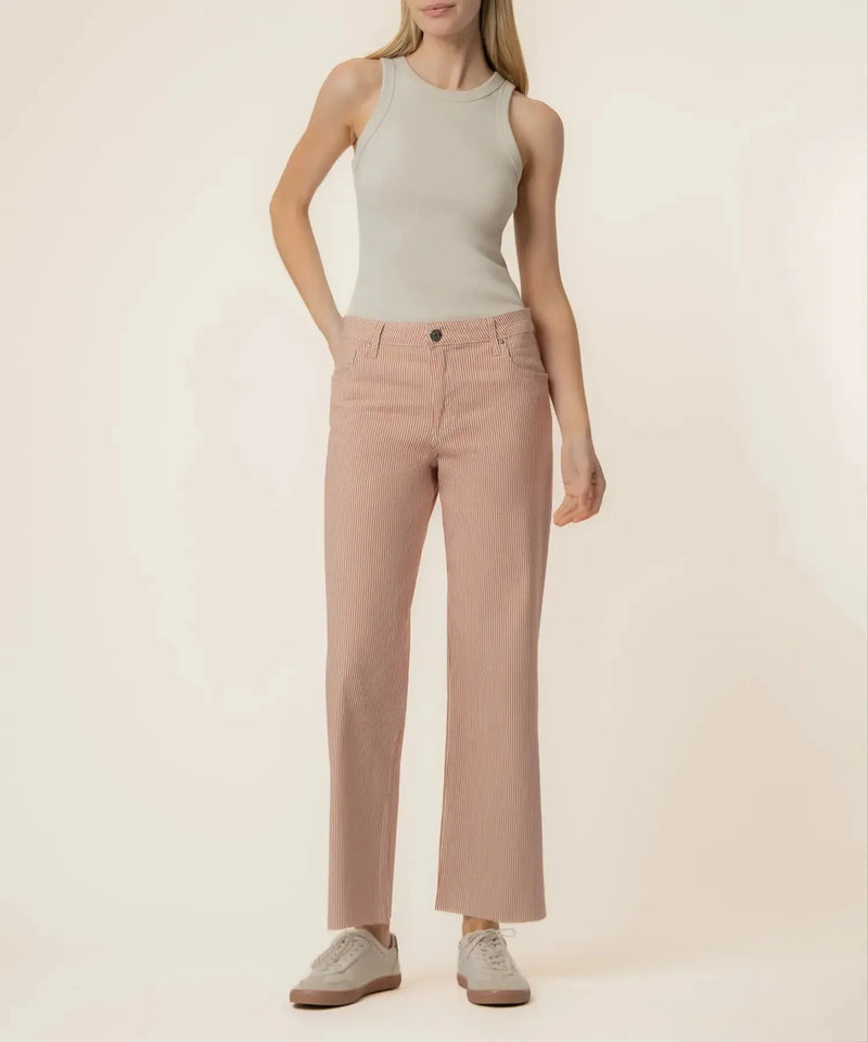 KUT Charlotte High Rise Wide Leg With Raw Hem Denim - Red/Ivory-Hand In Pocket