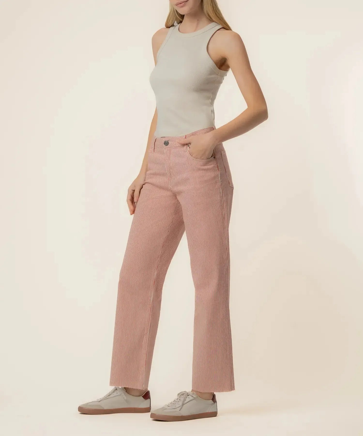 KUT Charlotte High Rise Wide Leg With Raw Hem Denim - Red/Ivory-Hand In Pocket