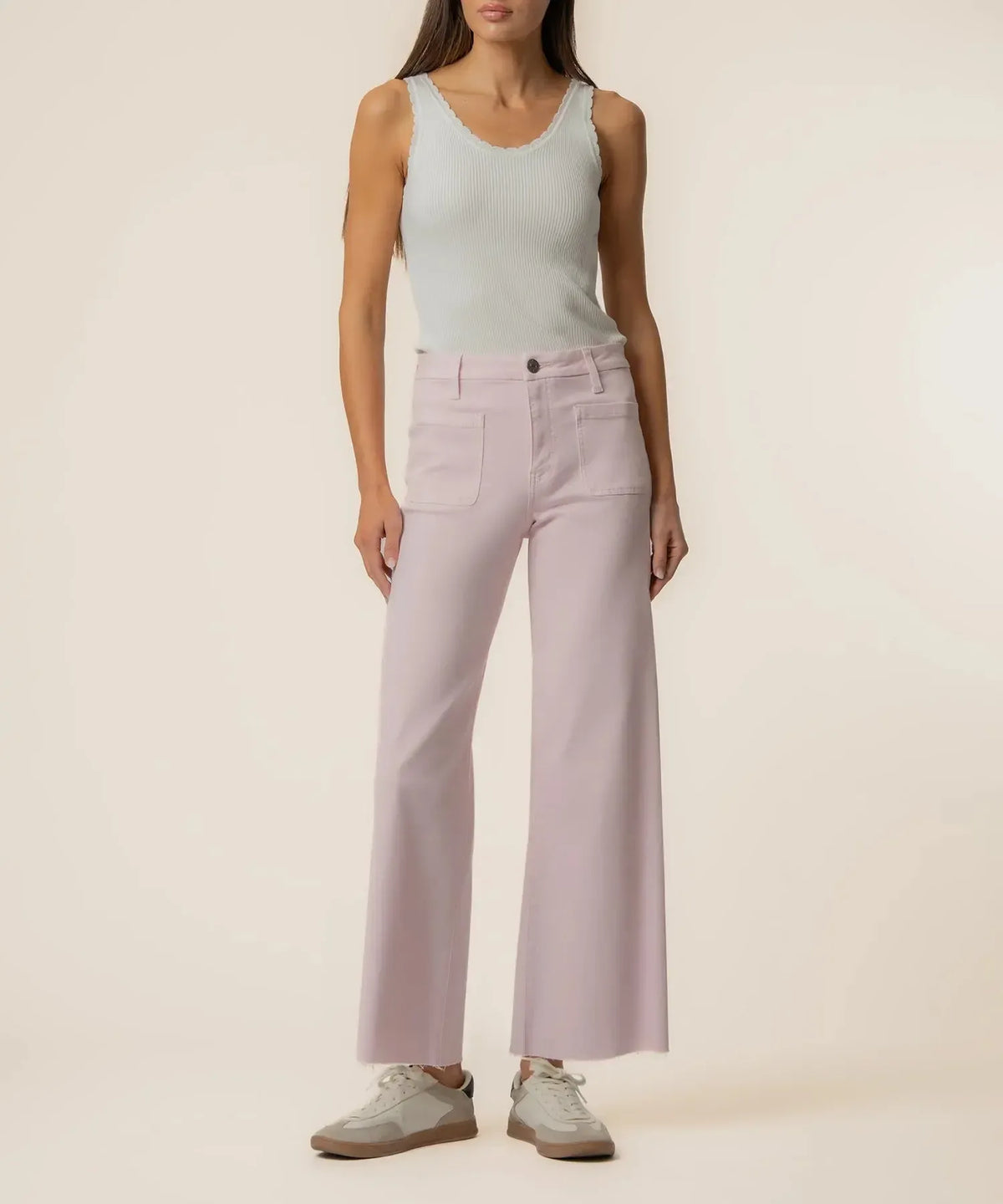 KUT Meg High Rise Raw Hem Wide Leg Denim - Princess-Hand In Pocket