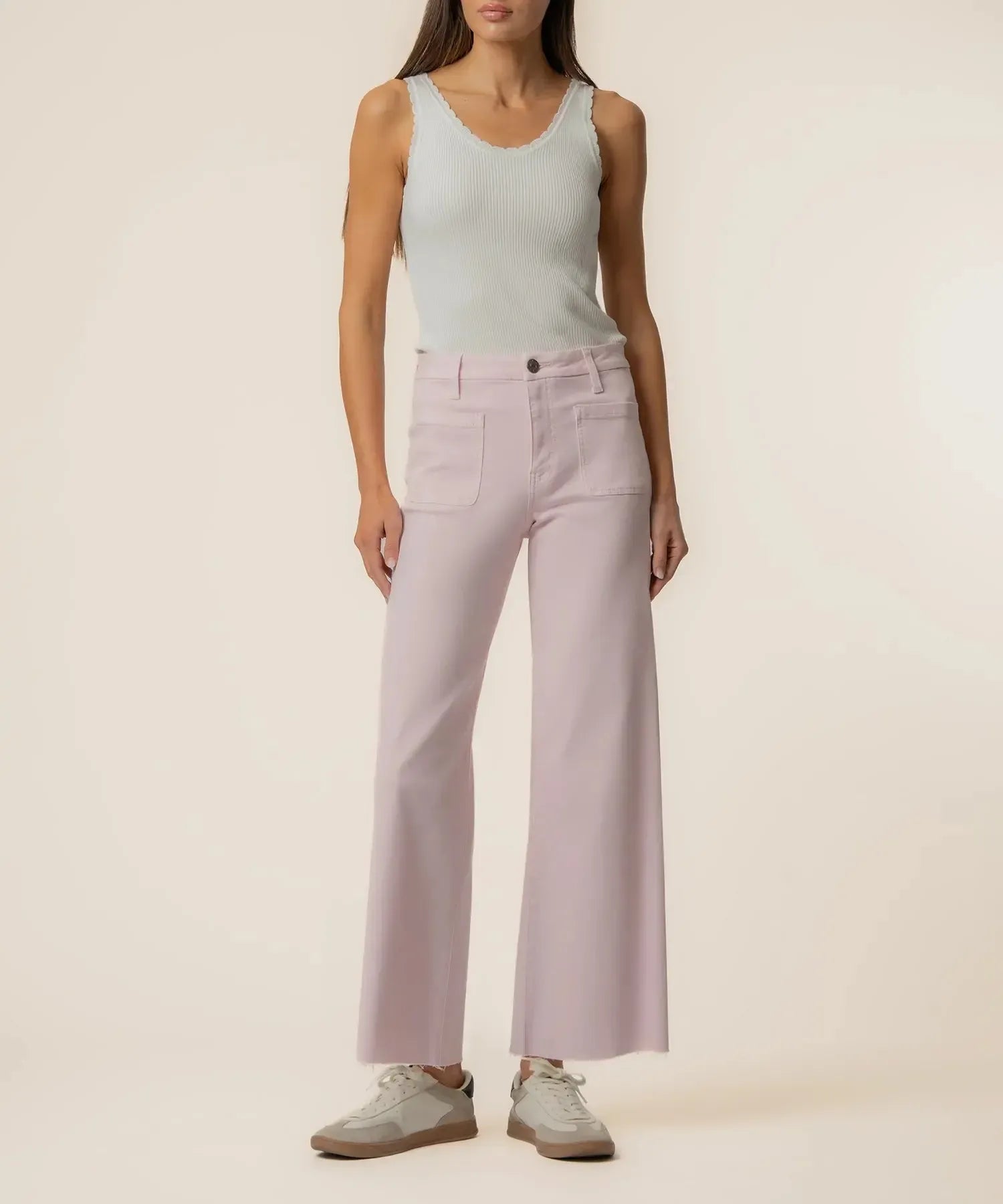 KUT Meg High Rise Raw Hem Wide Leg Denim - Princess-Hand In Pocket