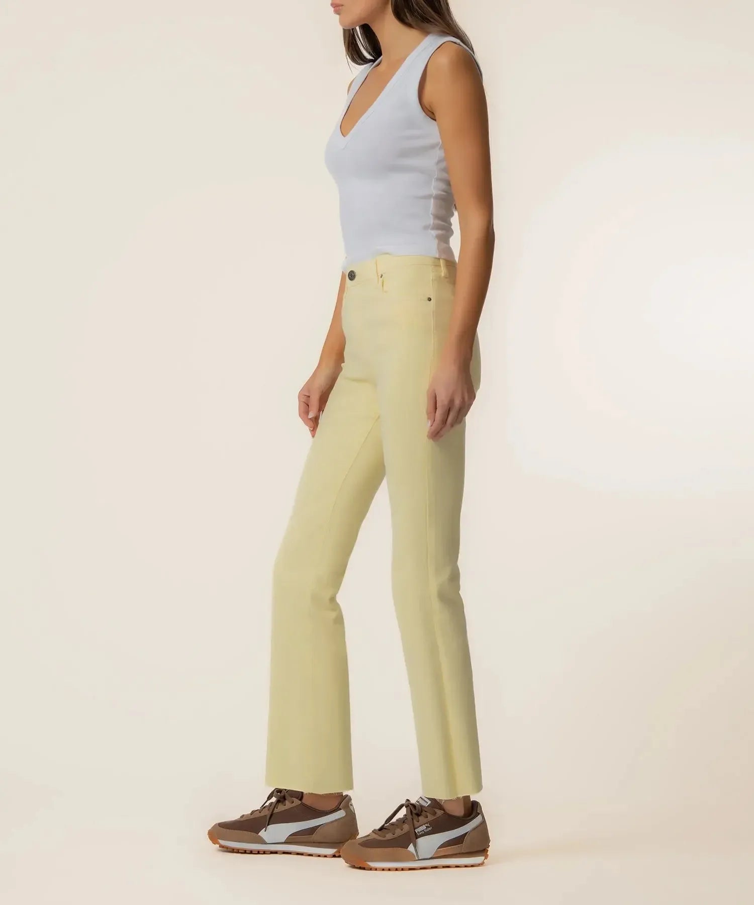 KUT Kelsey High Rise Ankle Flare - Pastel Yellow-Hand In Pocket