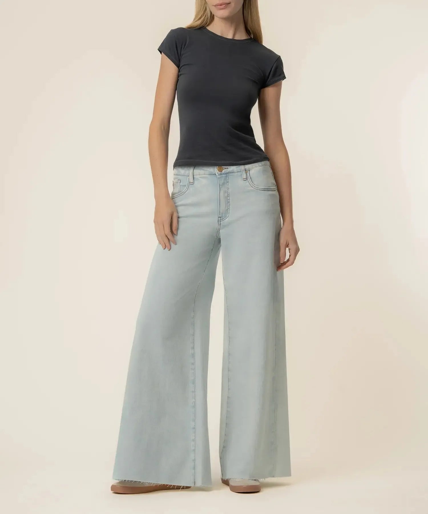 KUT Blake High Rise Fab AB Super Wide Leg Raw Hem Denim - Sensual-Hand In Pocket