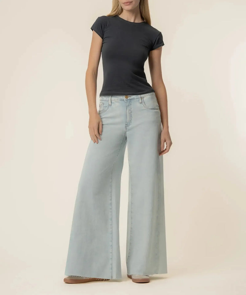 KUT Blake High Rise Fab AB Super Wide Leg Raw Hem Denim - Sensual-Hand In Pocket