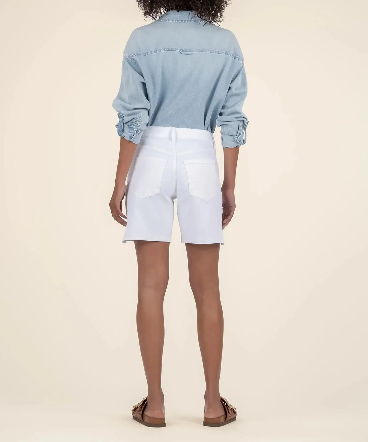 Kut Holly High Rise Tie Waist Shorts- Optic White-Hand In Pocket