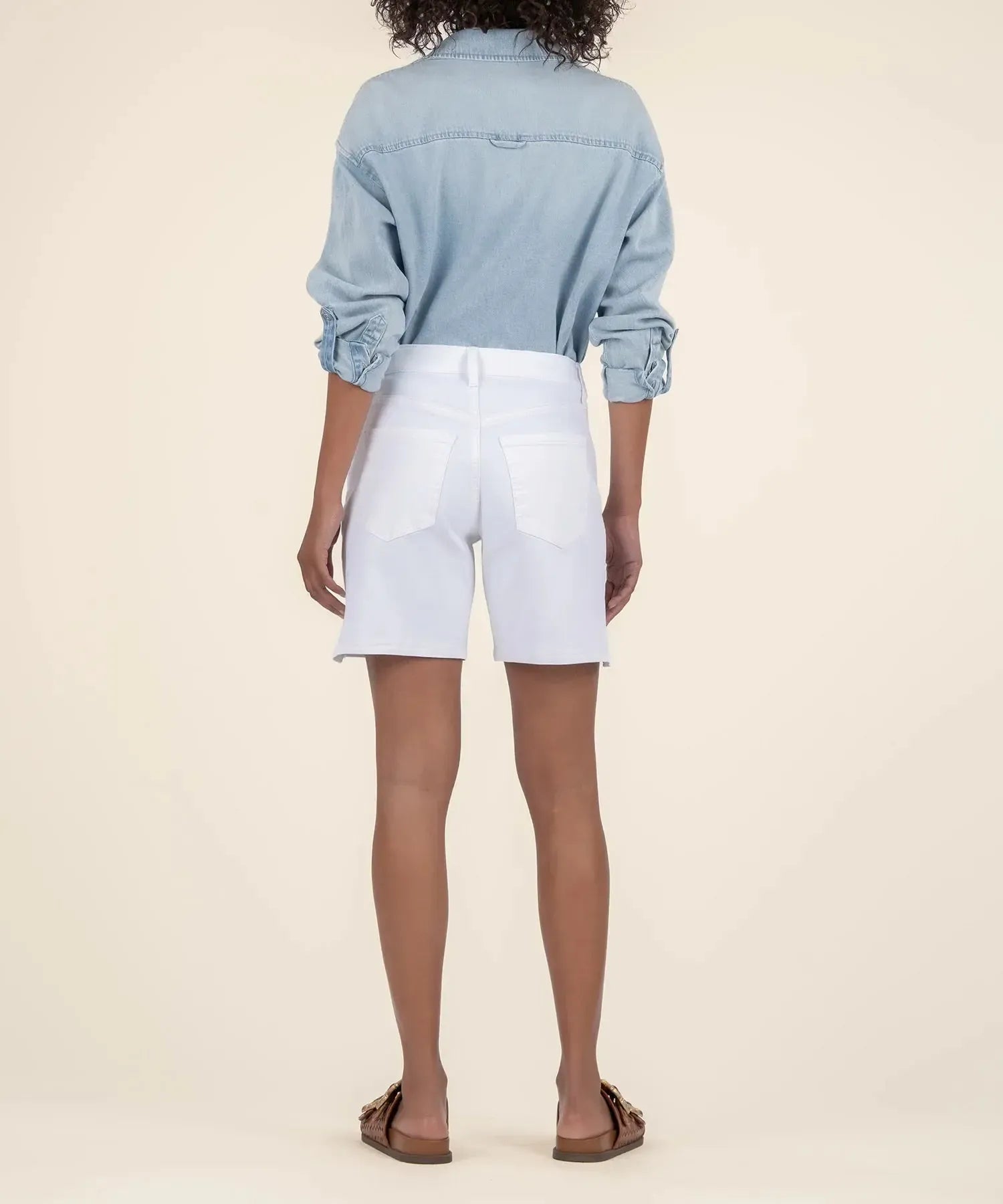 Kut Holly High Rise Tie Waist Shorts- Optic White-Hand In Pocket