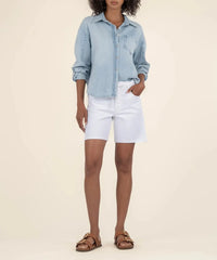 Kut Holly High Rise Tie Waist Shorts- Optic White-Hand In Pocket
