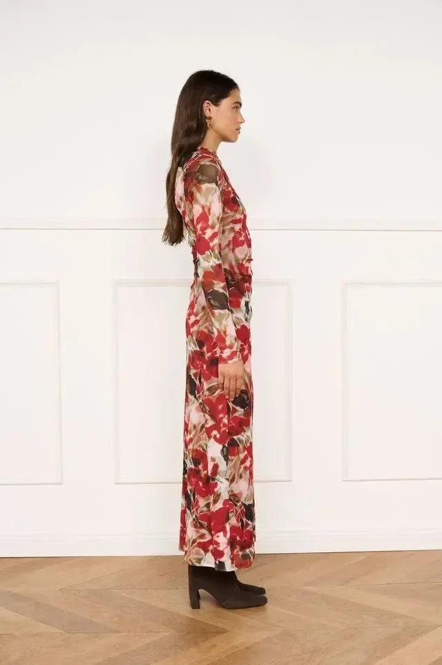 Minkpink Maxime Mesh Midi Dress - Red Blurry Floral