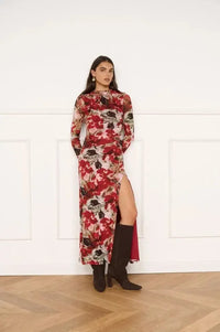 Minkpink Maxime Mesh Midi Dress - Red Blurry Floral