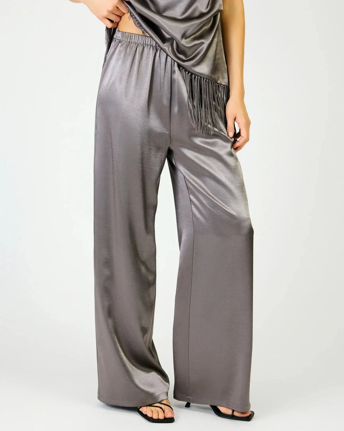 Line + Dot Anya Wide Leg Pants - Gunmetal-Hand In Pocket