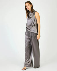Line + Dot Anya Wide Leg Pants - Gunmetal-Hand In Pocket