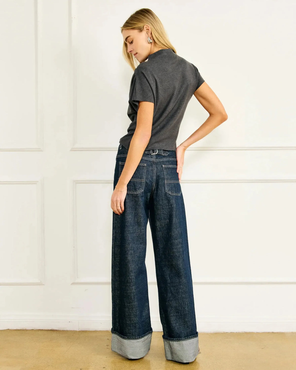Line + Dot Walker Draped Top- Charcoal-Hand In Pocket