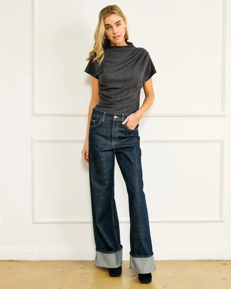 Line + Dot Walker Draped Top- Charcoal-Hand In Pocket