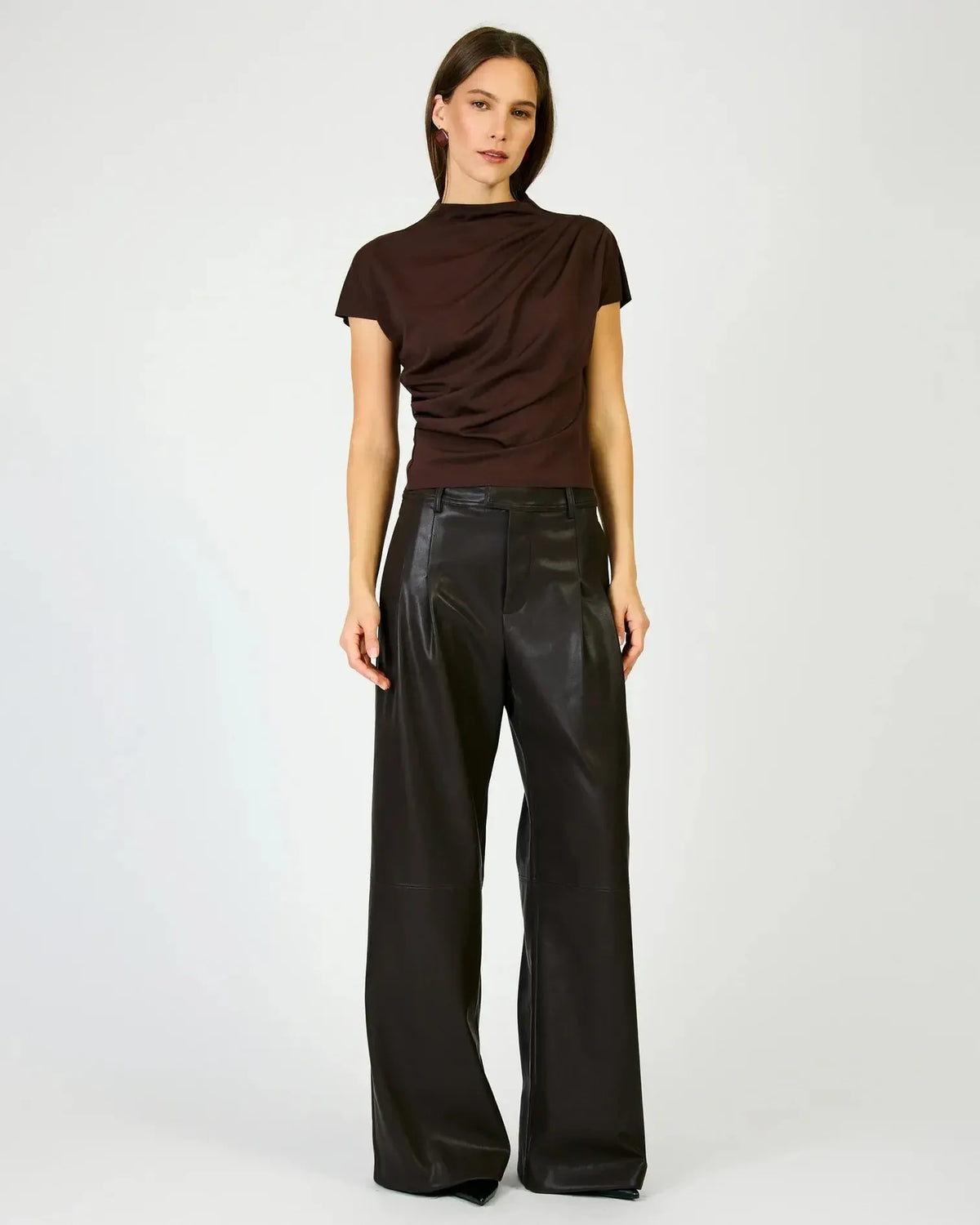 Line + Dot High Neck Lennon Top - Dark Brown-Hand In Pocket