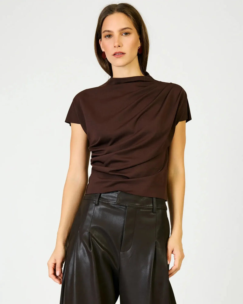 Line + Dot High Neck Lennon Top - Dark Brown-Hand In Pocket
