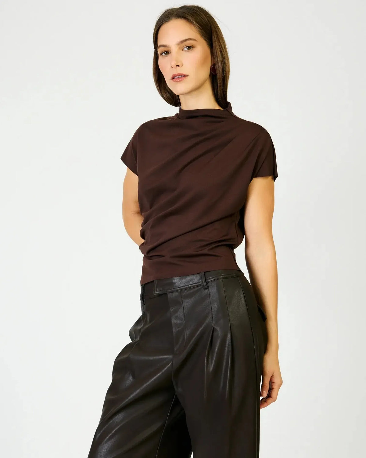 Line + Dot High Neck Lennon Top - Dark Brown-Hand In Pocket