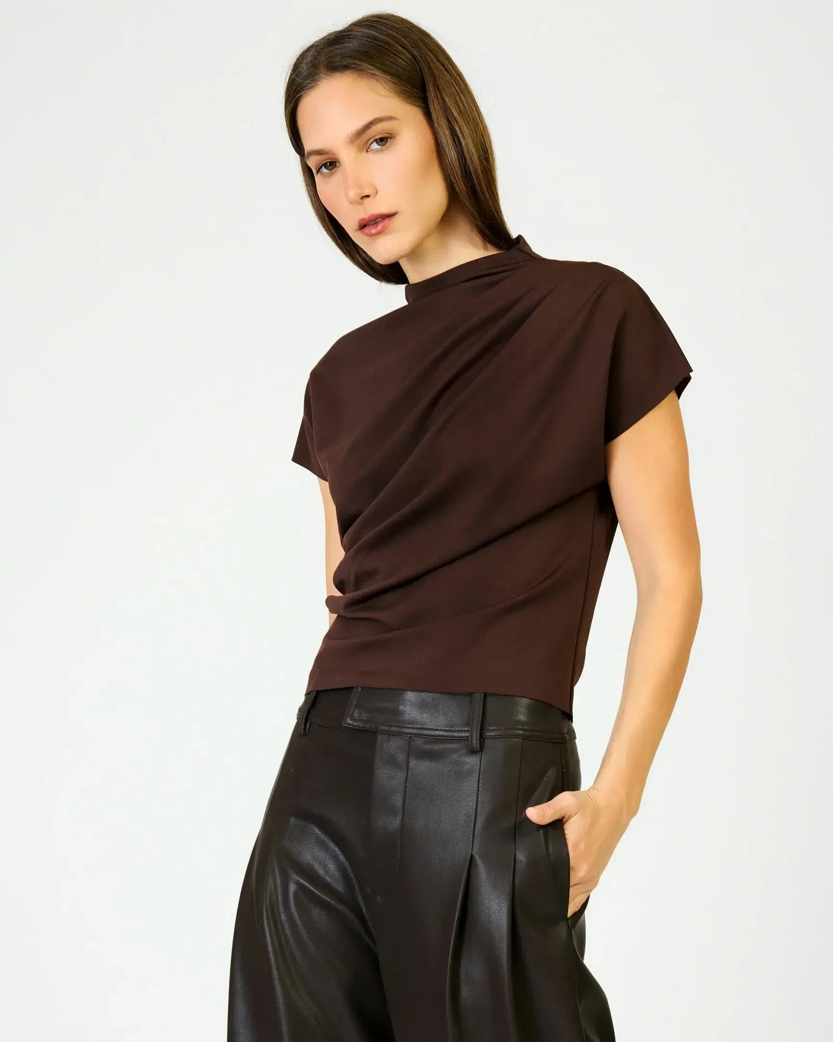 Line + Dot High Neck Lennon Top - Dark Brown-Hand In Pocket
