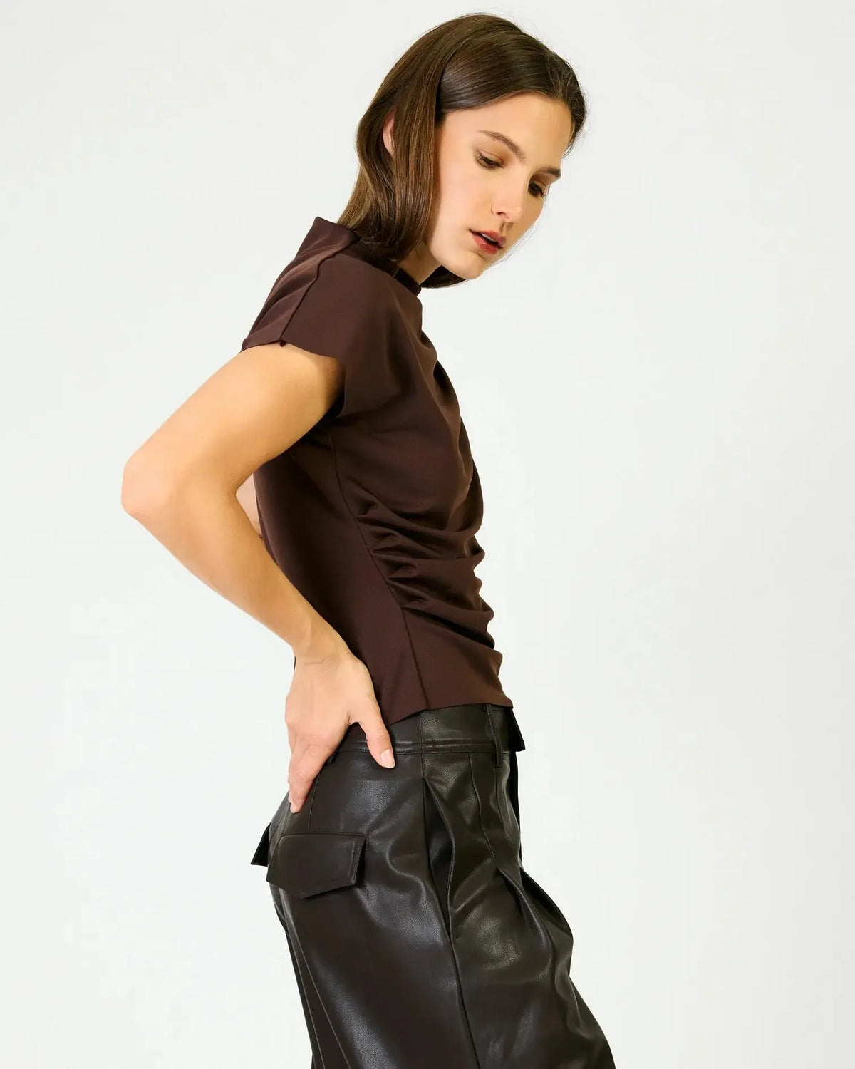 Line + Dot High Neck Lennon Top - Dark Brown-Hand In Pocket