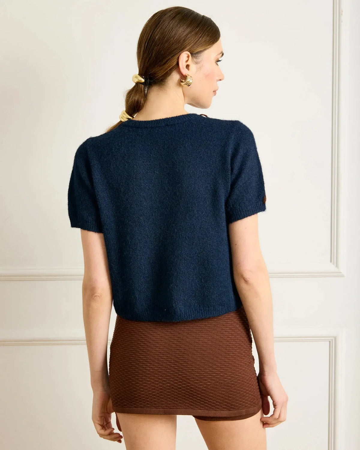 Line + Dot Hessa SS Cardigan- Navy-Hand In Pocket