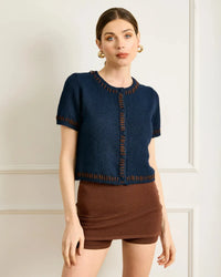 Line + Dot Hessa SS Cardigan- Navy-Hand In Pocket