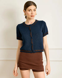 Line + Dot Hessa SS Cardigan- Navy-Hand In Pocket